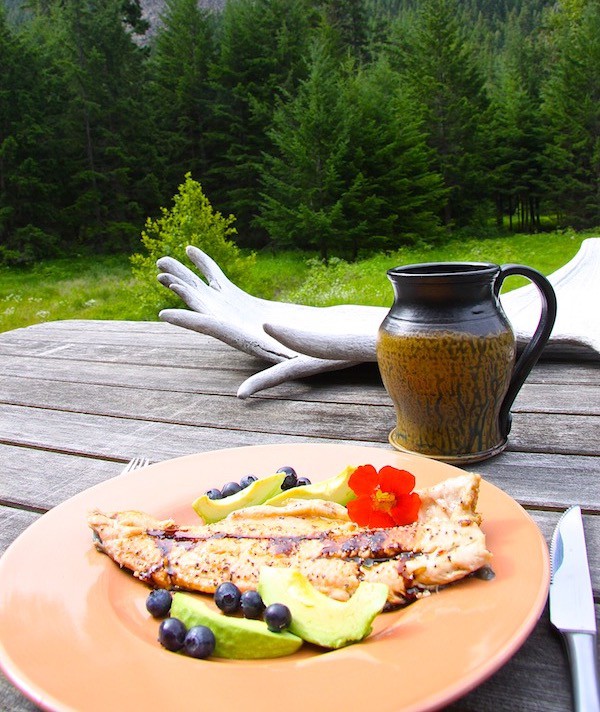 salmon dinner provided by Great Bear Chalet in Bella Coola BC